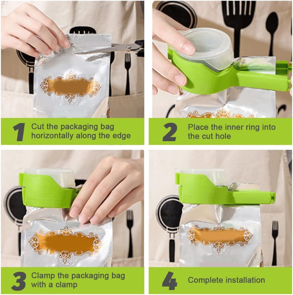 Pack of 4 sealing clips with Pourer, Snack dispenser,
