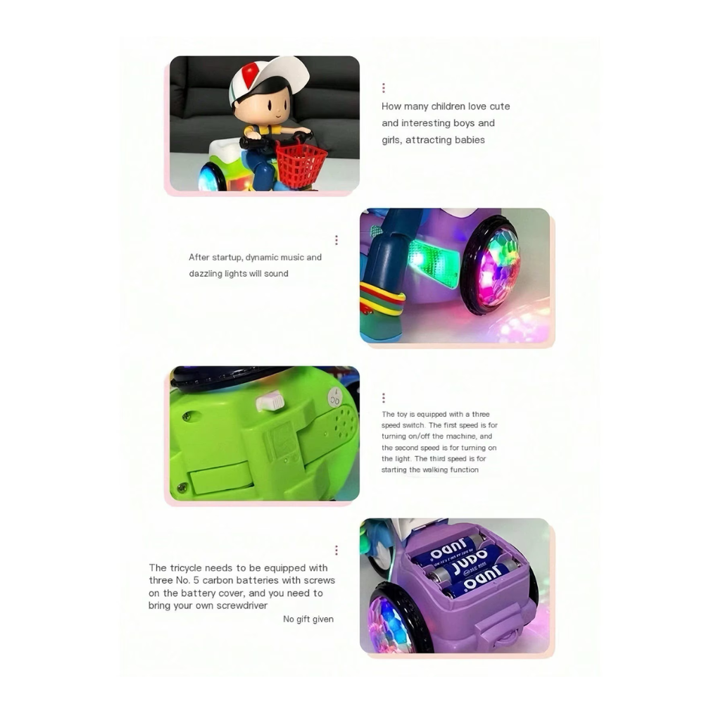 Kids Electric Stunt Tricycle 360 Degree Rotating Music Light Three-Wheel Electric Car Toy